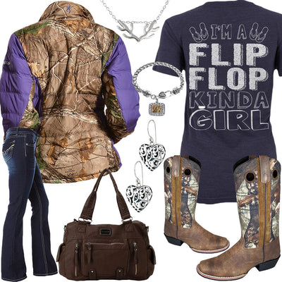 Flip Flop Kinda Girl Browning Camo Jacket Outfit