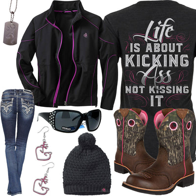 Life Is About Kicking Sofshell Jacket Outfit