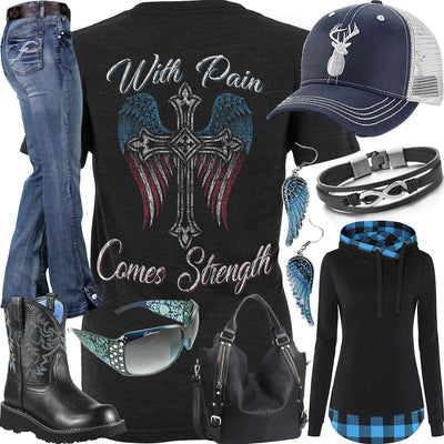 With Pain Comes Strength Blue Plaid Hoodie Outfit