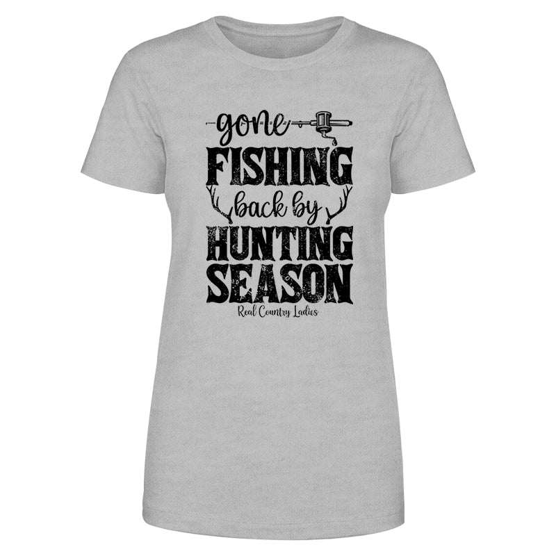Gone Fishing Back By Hunting Season Black Print Front Apparel