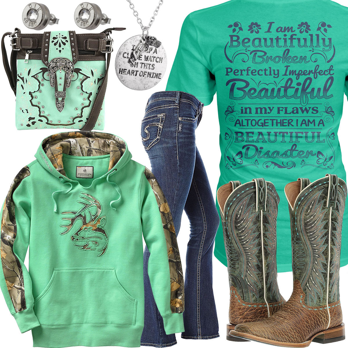 Beautiful Disaster Mint Camo Hoodie Outfit – Real Country Ladies