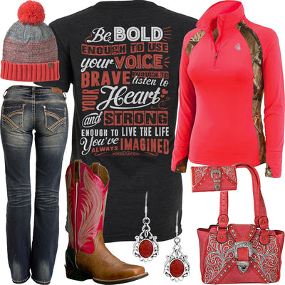 Bold Brave Strong Hot Coral 1/4 Zip Outfit