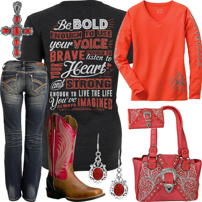 Bold, Brave & Strong Hot Coral Long Sleeve Shirt Outfit