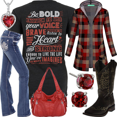 Bold, Brave & Strong Plaid Hooded Cardigan Outfit