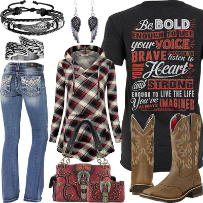 Bold Brave Strong Plaid Hoodie Outfit