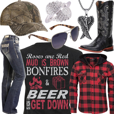 Bonfires & Beer Red Plaid Hoodie Outfit