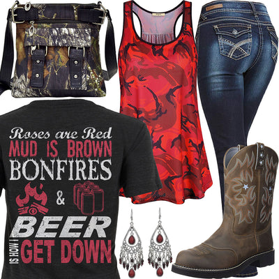 Bonfires & Beer Red Camo Tank Top Outfit