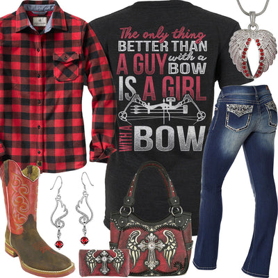 Girl With A Bow Red Square Toe Boots Outfit
