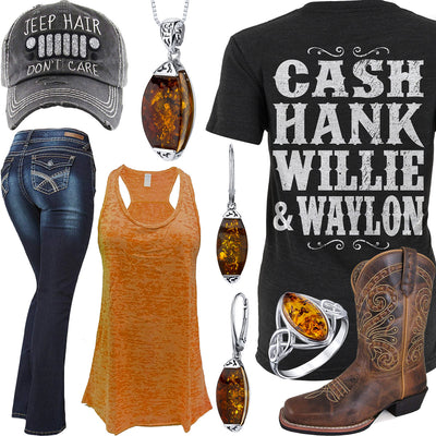 Cash, Hank, Willie & Waylon Orange Tank Top Outfit