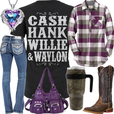 Cash, Hank, Willie & Waylon Purple Plaid Tunic Outfit