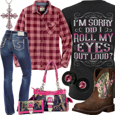 Roll My Eyes Plaid Button Up Outfit