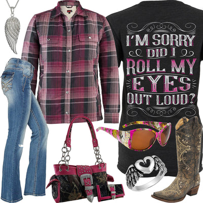 Roll My Eyes Pink Plaid Fleece Jacket Outfit