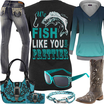 We Fish Like You Teal Sunglasses Outfit