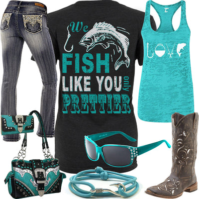 We Fish Like You Teal Sunglasses Outfit