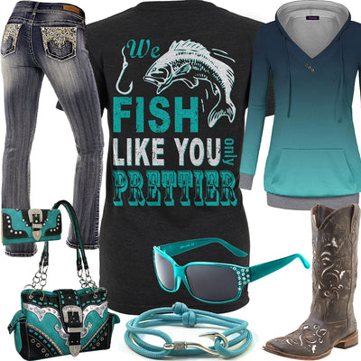 We Fish Like You Turquoise Gradient Hoodie Outfit