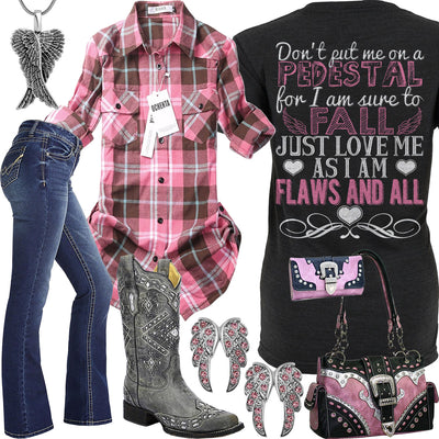 Flaws And All Pink Plaid Shirt Outfit
