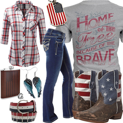 Home Of The Free American Flag Flask Outfit
