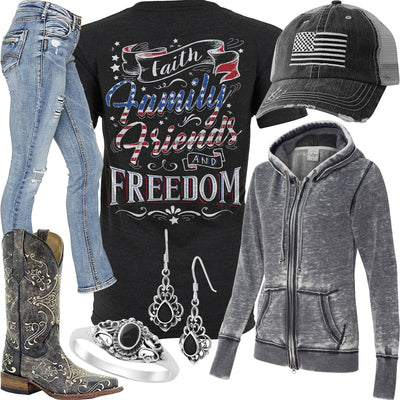 Faith, Family, Friends & Freedom Gray Zip Hoodie Outfit