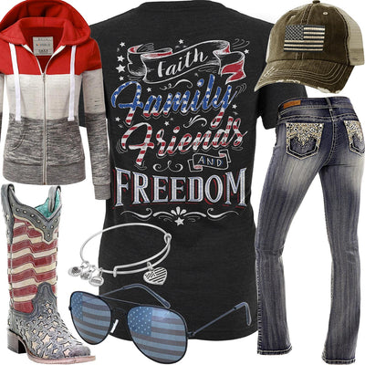 Faith, Family, Friends & Freedom Red Striped Hoodie Outfit