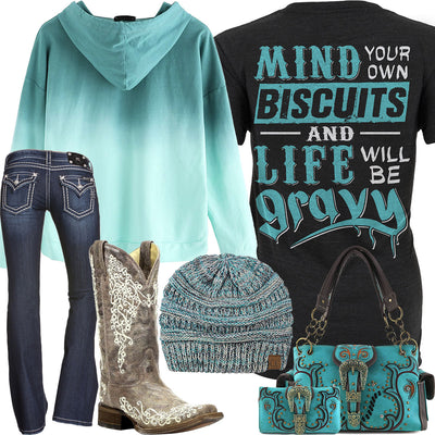 Mind Your Own Biscuits Teal Hoodie Outfit