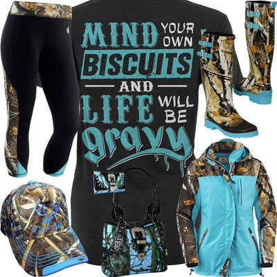 Mind Your Own Biscuits Camo Rain Boots Outfit