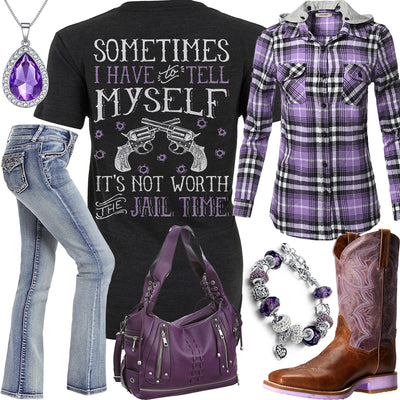 Not Worth The Jail Time Purple Flannel Hoodie Outfit