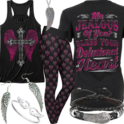 Me Jealous Of You Hot Pink Angel Wing & Cross Tank Outfit