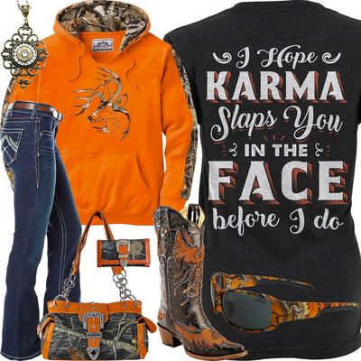 Karma Slaps You Orange Camo Hoodie Outfit