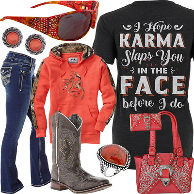 Karma Slaps You Coral Camo Sunglasses Outfit