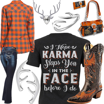 Karma Slaps You Orange Plaid Shirt Outfit
