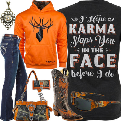 Karma Slaps You Orange King's Camo Hoodie Outfit