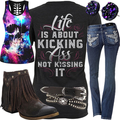 Life Is About Kicking Skull Galaxy Tank Outfit