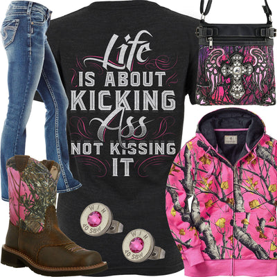 Life Is About Kicking Pink Camo Hoodie Outfit