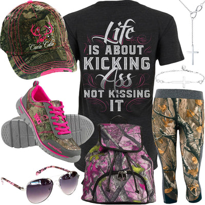 Life Is About Kicking Pink Camo Backpack Outfit