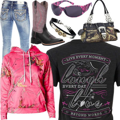 Live Laugh Love Mossy Oak Hoodie Outfit