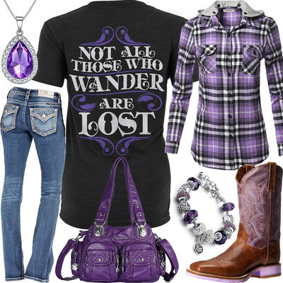 Those Who Wander Purple Flannel Hoodie Outfit