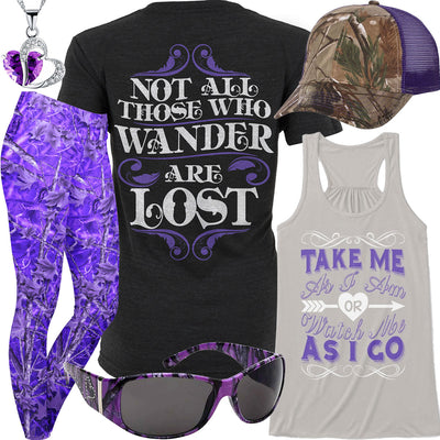 Those Who Wander Purple Camo Leggings Outfit