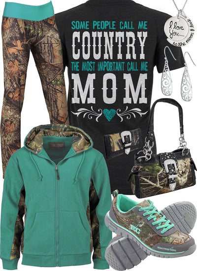 Country Mom Teal Camo Leggings Outfit