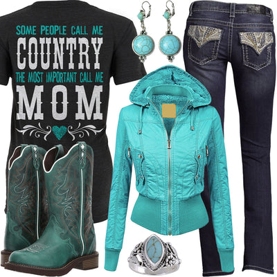 Country Mom Turquoise Quilted Jacket Outfit