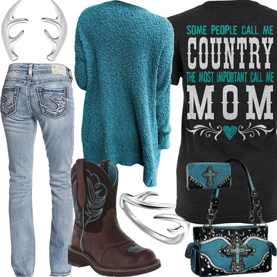 Country Mom Teal Cardigan Outfit