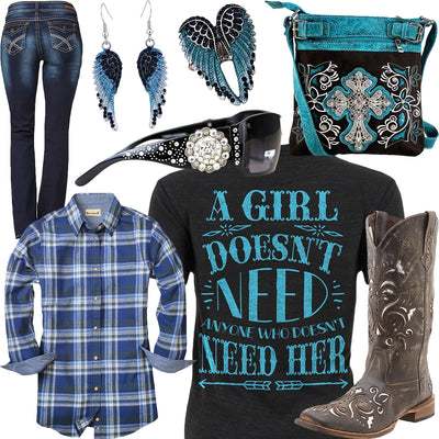 A Girl Doesn't Need Blue Plaid Shirt Outfit