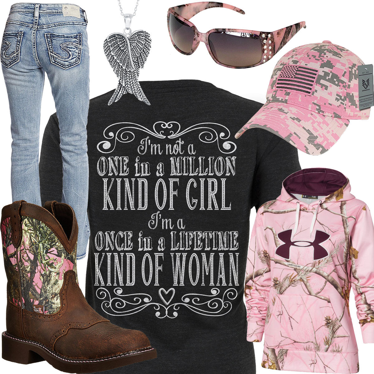 Once In A Lifetime Pink Camo Flag Cap Outfit – Real Country Ladies