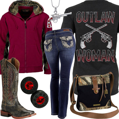 Outlaw Woman Burgundy Camo Zip Up Hoodie Outfit
