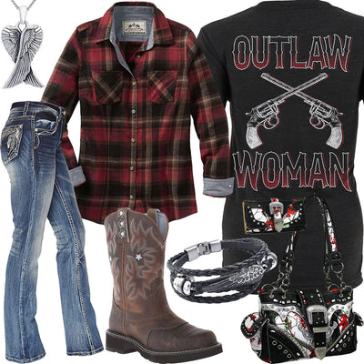 Outlaw Woman Plaid Flannel Shirt Outfit