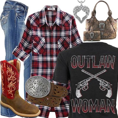 Outlaw Woman Red Plaid Flannel Outfit