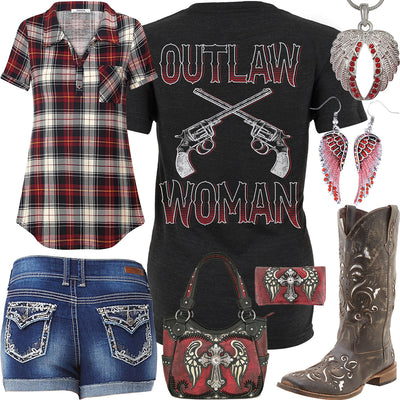 Outlaw Woman Red Plaid Shirt Outfit