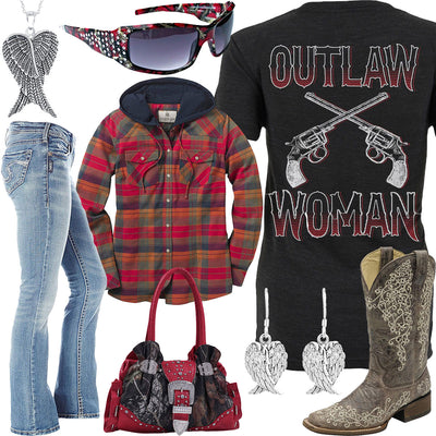 Outlaw Woman Red Plaid Hoodie Outfit