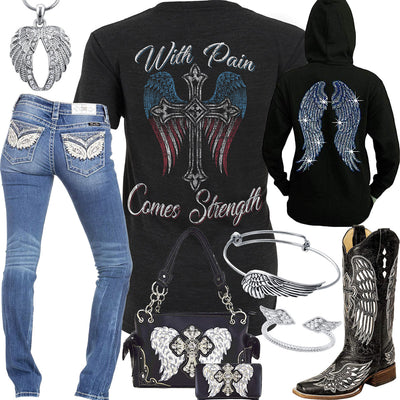 With Pain Comes Strength Angel Wing Bracelet Outfit