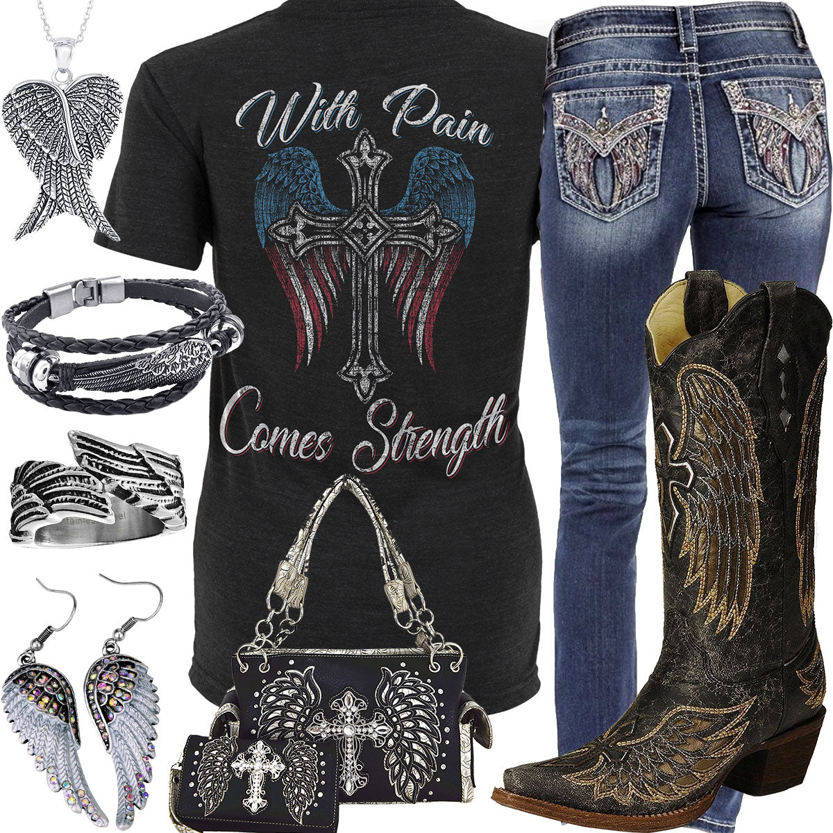 With Pain Comes Strength Angel Wings Jewelry Outfit – Real Country Ladies