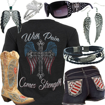 With Pain Comes Strength Silver Angel Earrings Outfit